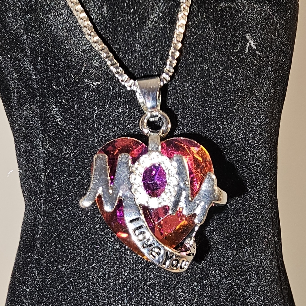 Mom Silver and Red Heart Pendant Necklace